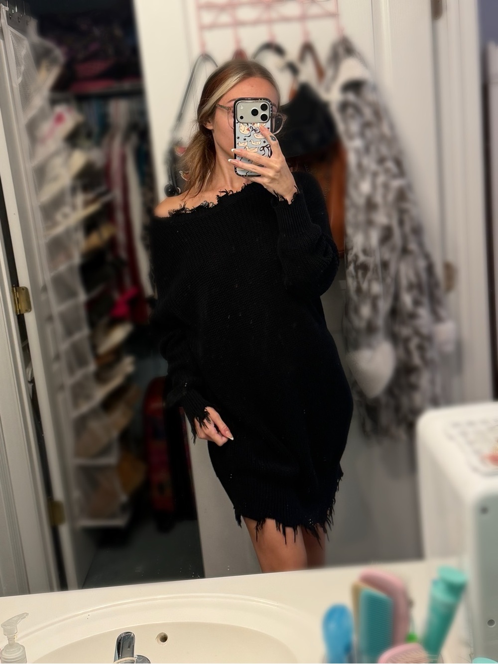 Forever 21 Black Off-Shoulder Distressed Sweater Dress